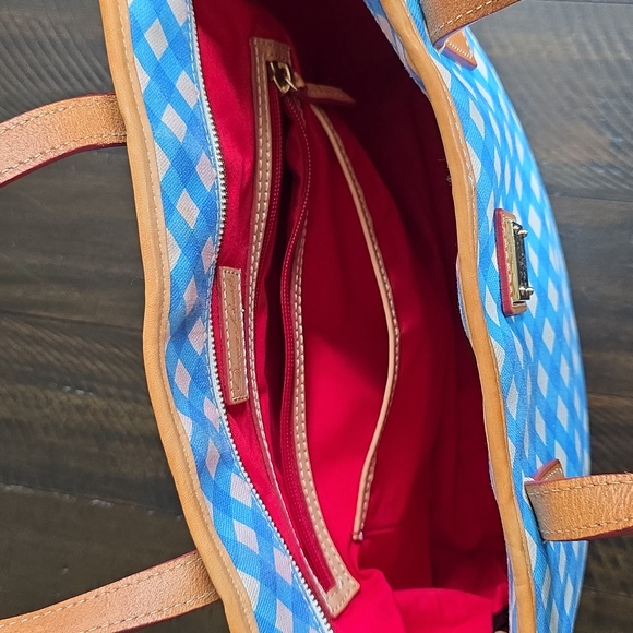 Dooney & Bourke Blue Zip Top Gingham Canvas Tote Shoulder Bag Tan Leather Accent - Picture 12 of 14